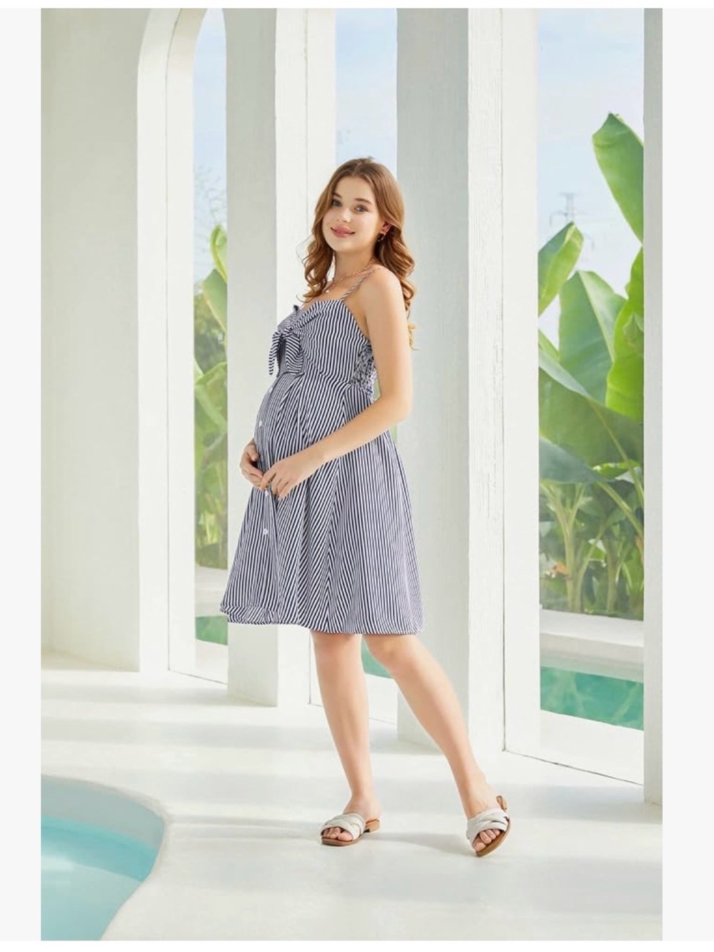 Maternity Striped Navy and White Tie-Front Sundress